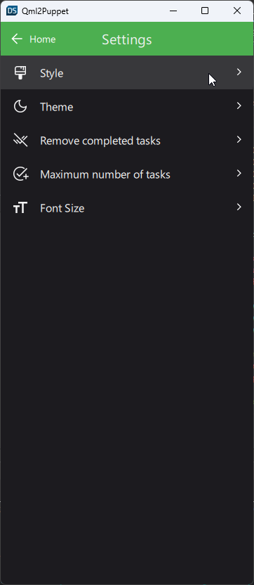 Dark Material theme settings UI