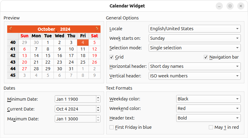 Calendar widget showing various calendar settings