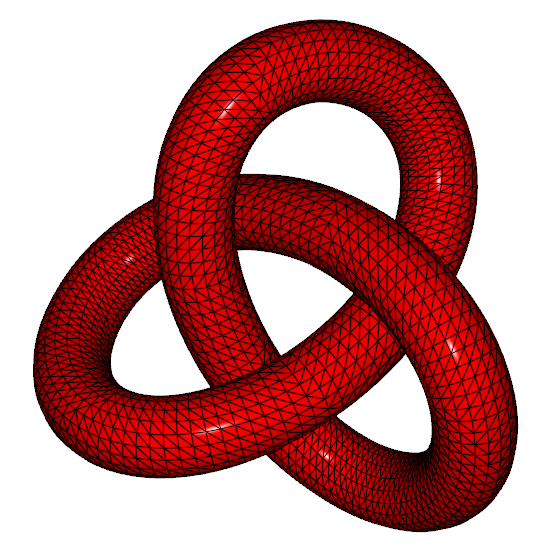 3D wireframe rendering of a red torus knot with triangular mesh