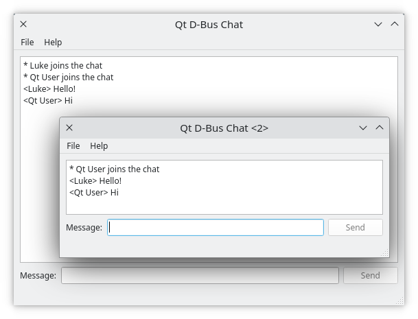 {Two instances of the D-Bus Chat example