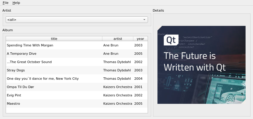 {The main window displays artist and album information from the database, together with the album tracks stored in an XML file}