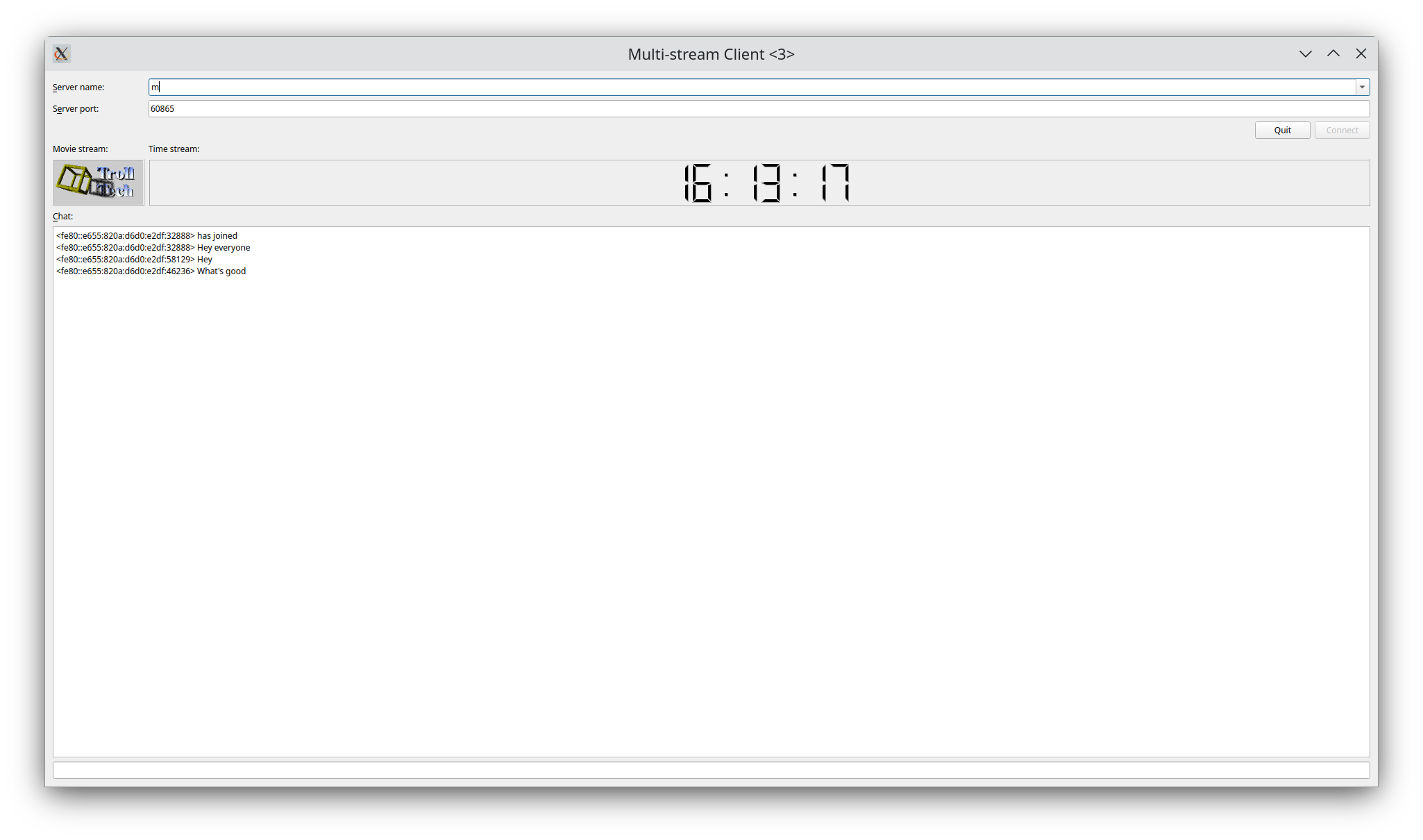 {The application allows the user to write data to other clients via SCTP communication}