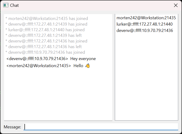 {This application sets up a peer-to-peer network to allow multiple participants to chat with one another}