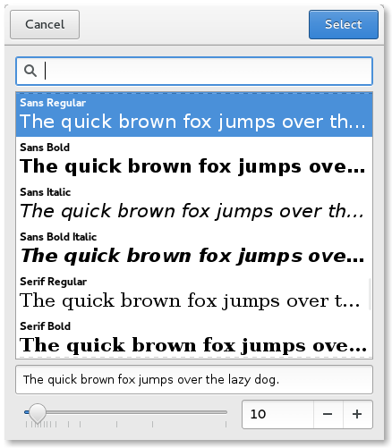 {The user is able to view and select different fonts via the font dialog}