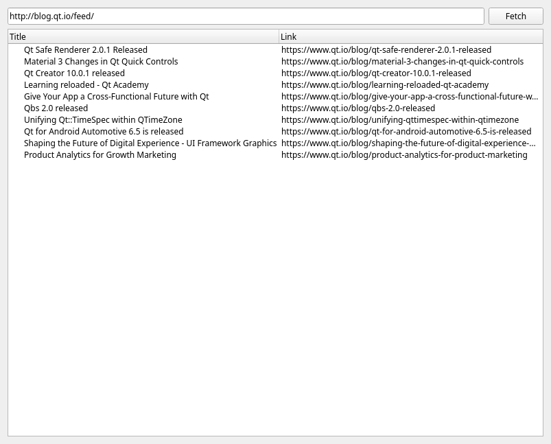 {The application fetches information from the specified URL, in this case, Qt Blog, and then parses the available XML data}