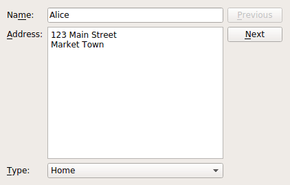 {The main window displays the user name, the user address, and it classifies the address type.}