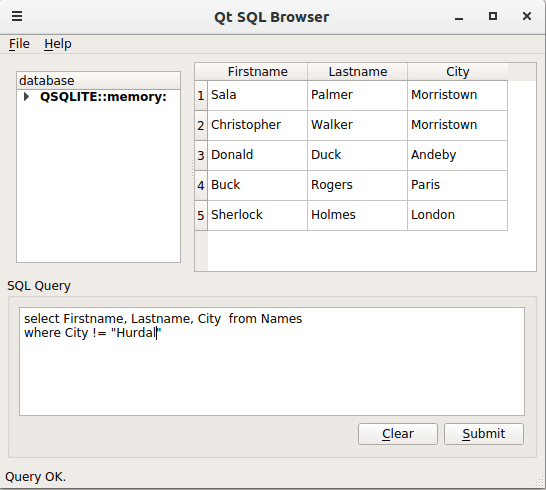 {The main window depicts the connected database together with the items in the database. The user is able to generate an SQL query and submit it.}