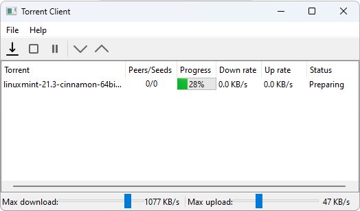 {This application implements the BitTorrent protocol to facilitate peer-to-peer file-sharing}